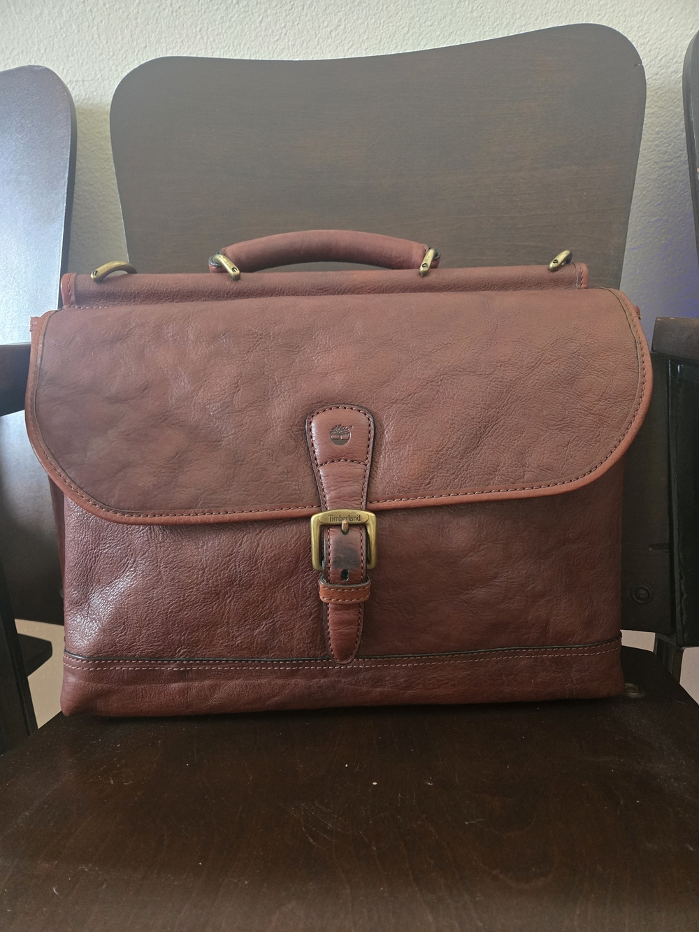 Vintage Timberland Chestnut Brown Leather Briefcase with Brass Buckle